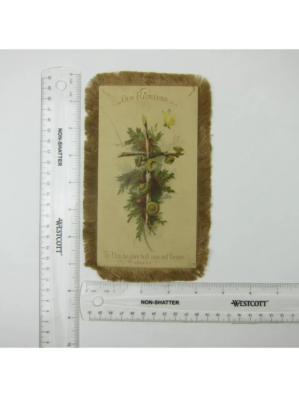 Victorian Card Easter Cross Branches Tree Bough Silk Fringe Double Sided Antique